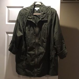 Ruffle collar cinch waist, 3/4 sleeve olive jacket